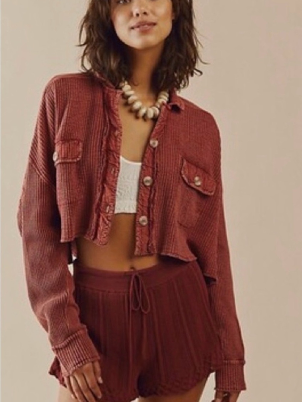 Free People Cropped Button-Front Cardigan in Rust Red